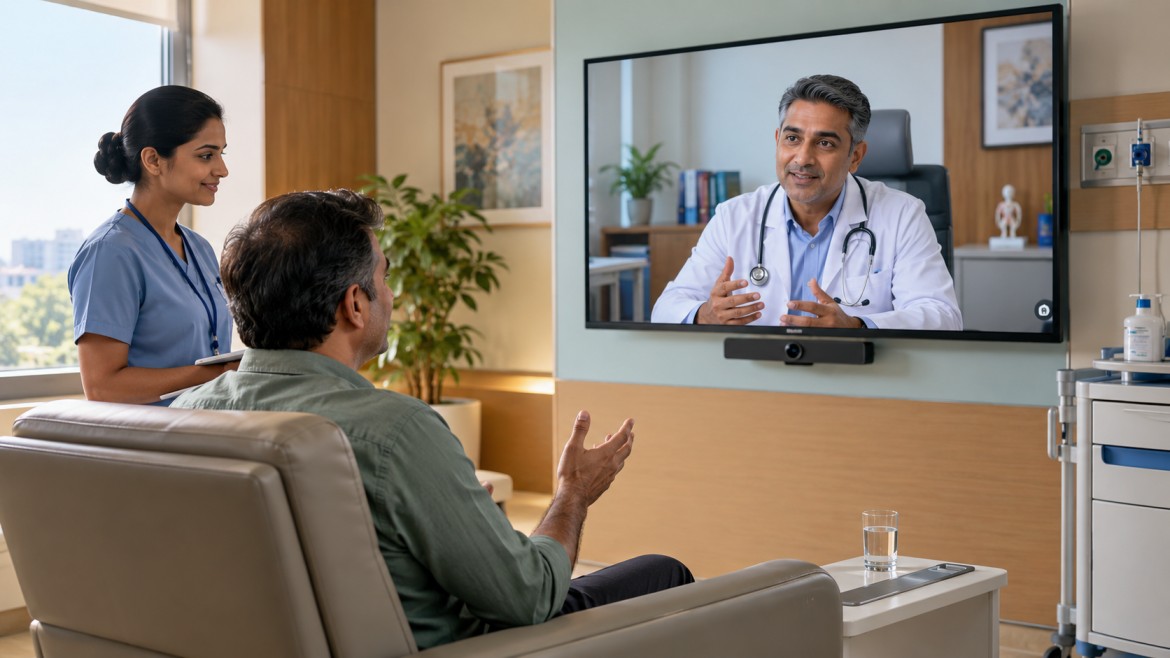 Patient speaking with a doctor during a virtual consultation